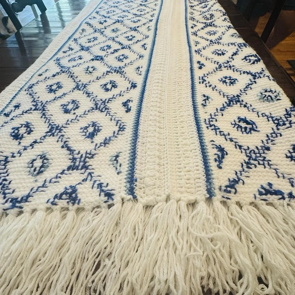 Vintage Handmade Crochet Afghan Throw & Matching Pillow Blue White Charleston